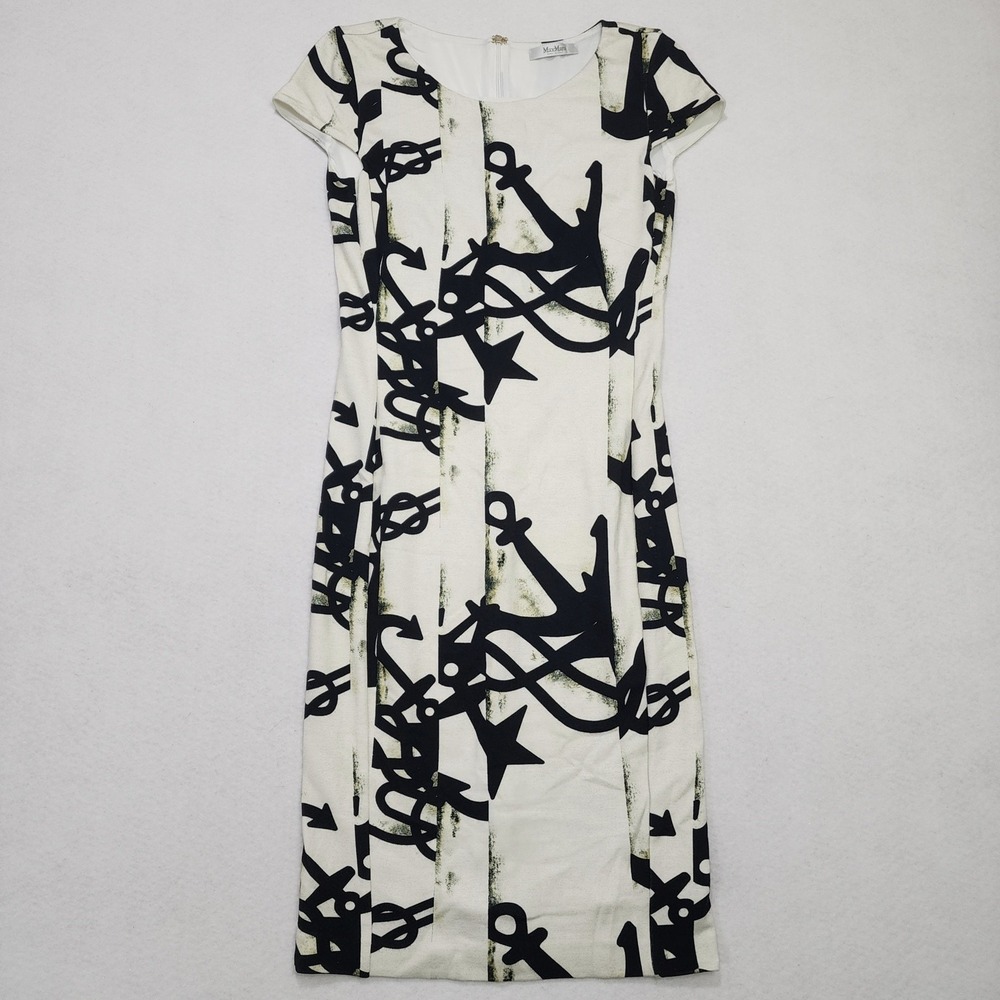 Max Mara Sheath Dress Womens 40 White Black Anchor Star Print Stretch Cap Sleeve